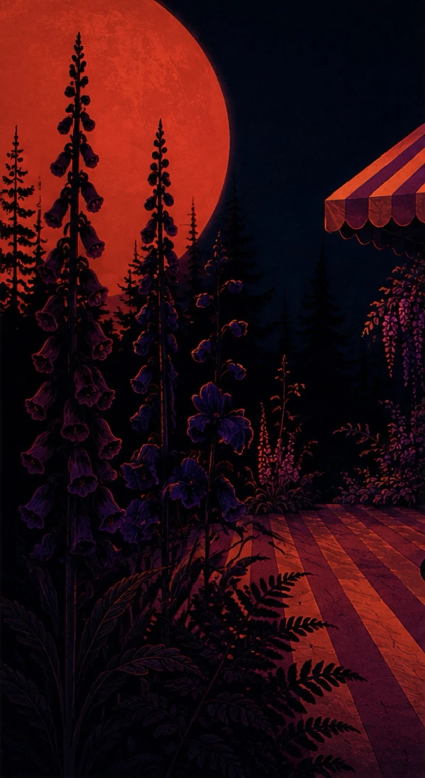 Giant red moon over a midnight botanical garden