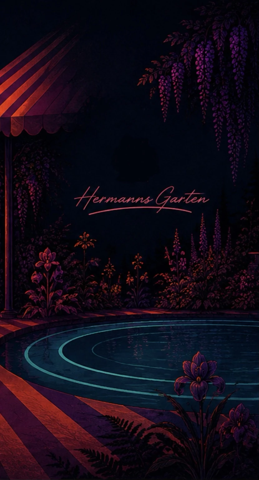 Neon pool and night-blooming plants with original Hermanns Garden signature