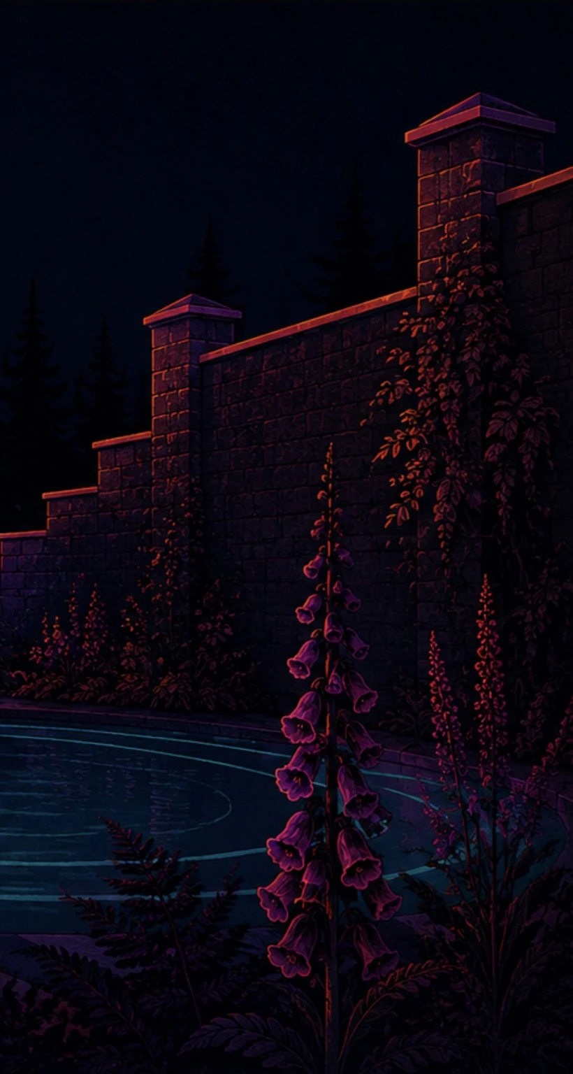 Dark stone garden walls and magenta foxgloves